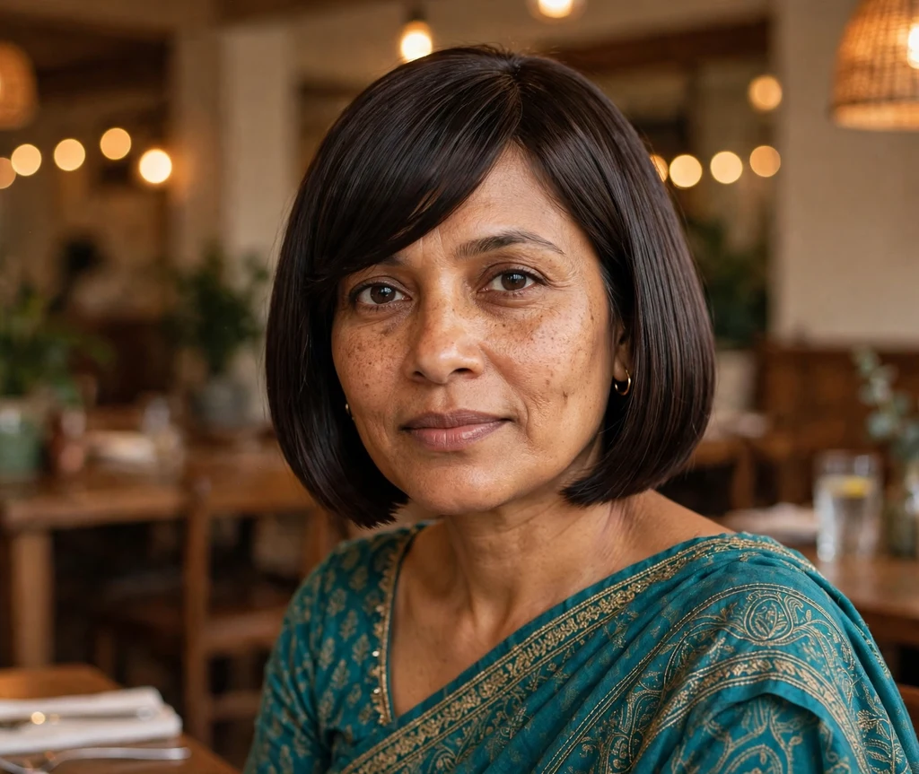 Blunt bob in dark chocolate brown with side-swept straight bangs