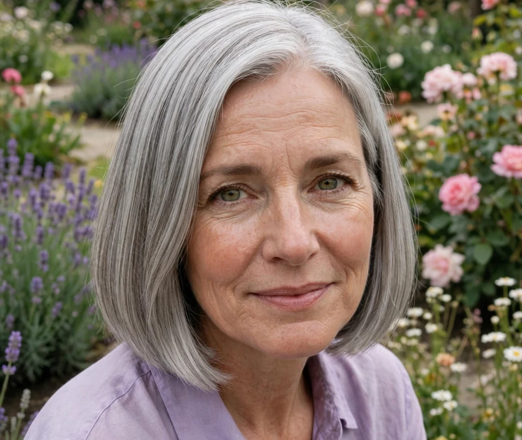 Sleek straight bob in silver gray with subtle layers and luminous shine