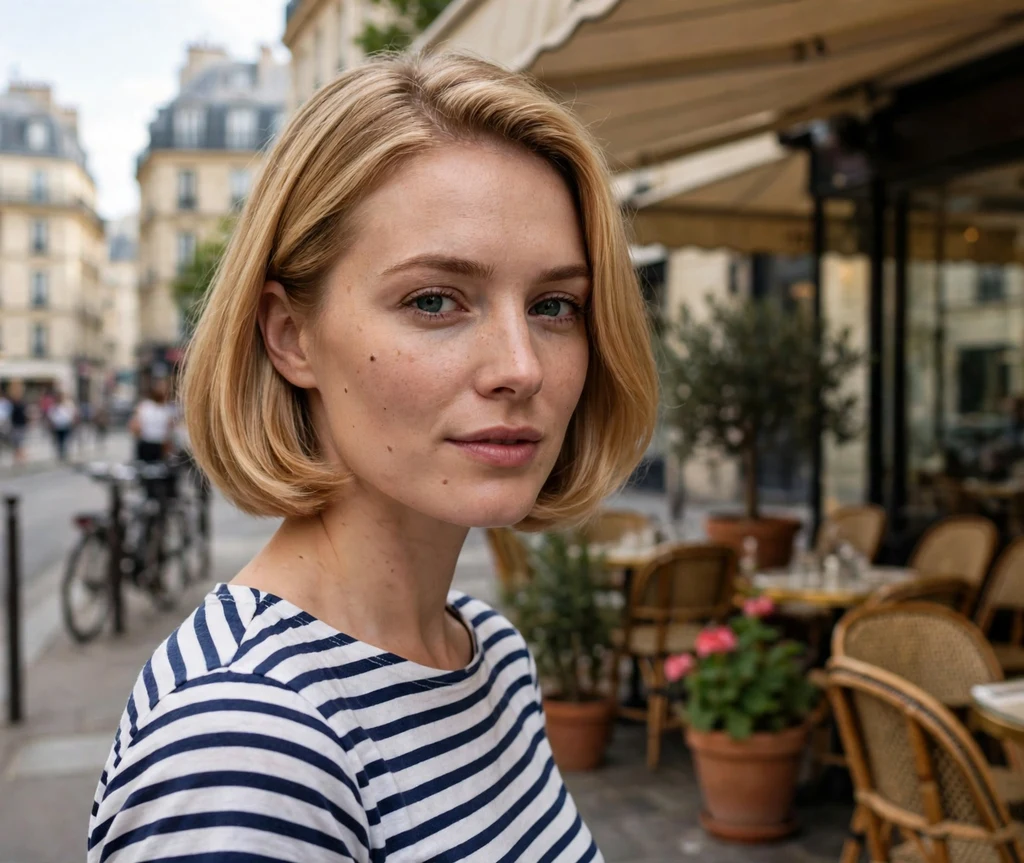 Polished French bob in warm blonde, chin-length straight sleek hair with soft ends
