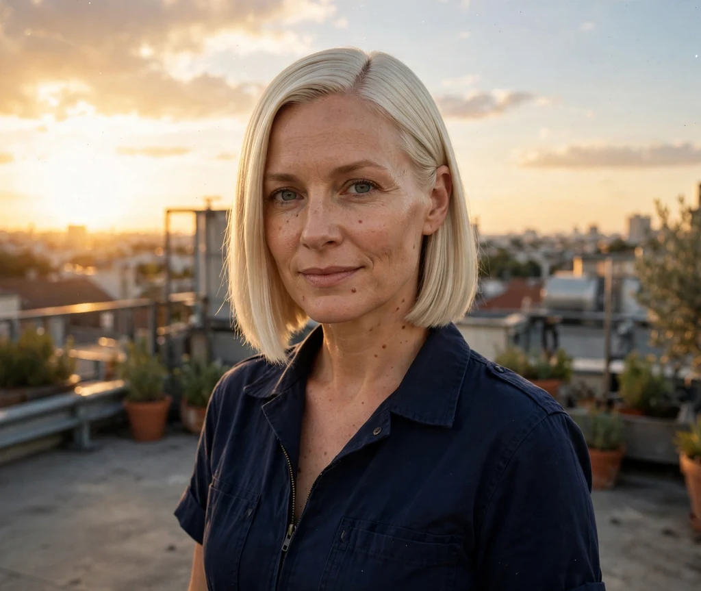 Platinum blonde sleek bob with blunt jaw-length ends and mirror shine