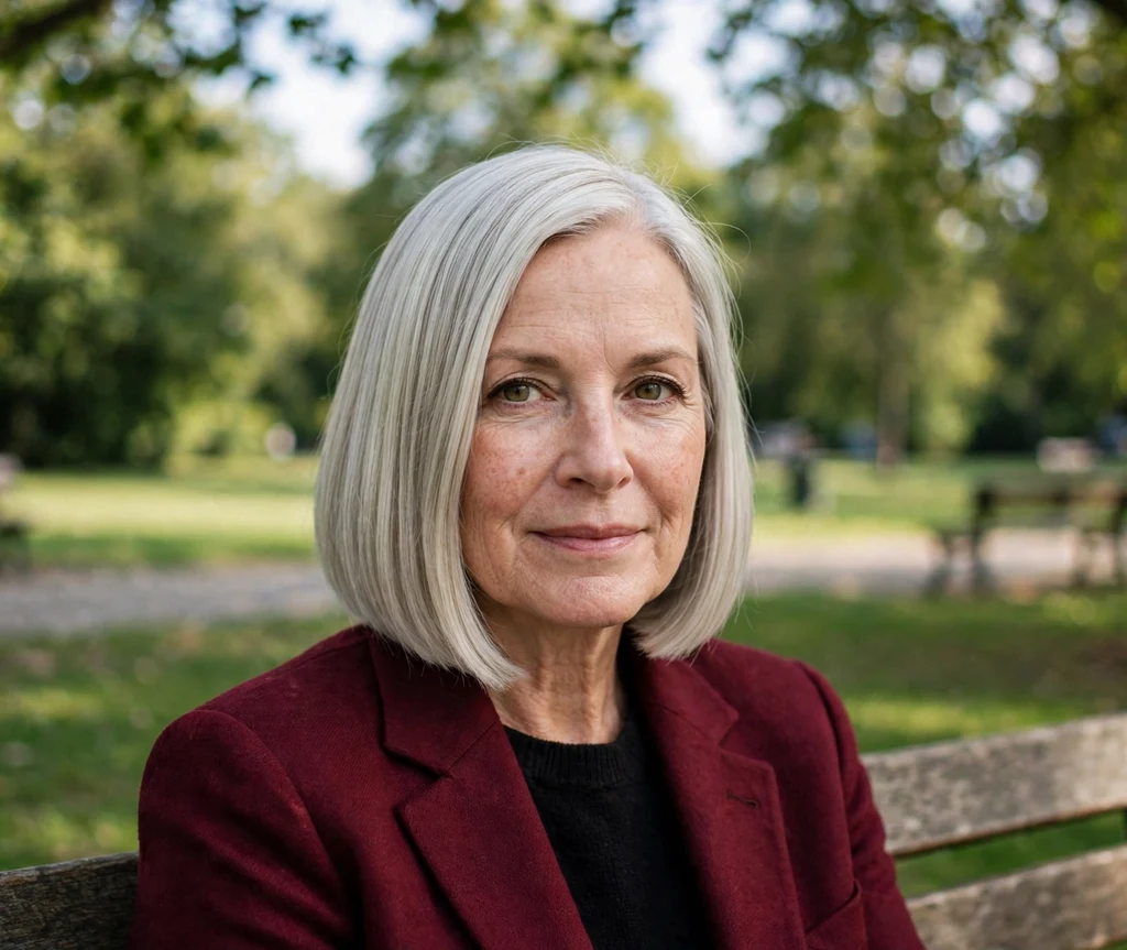 Ashy silver-blonde sleek bob with blunt ends and luminous shine