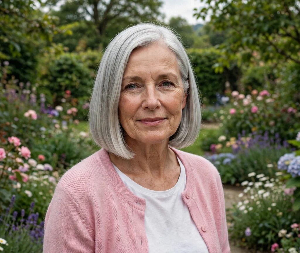 Sleek silver gray bob with blunt chin-length ends and luminous shine