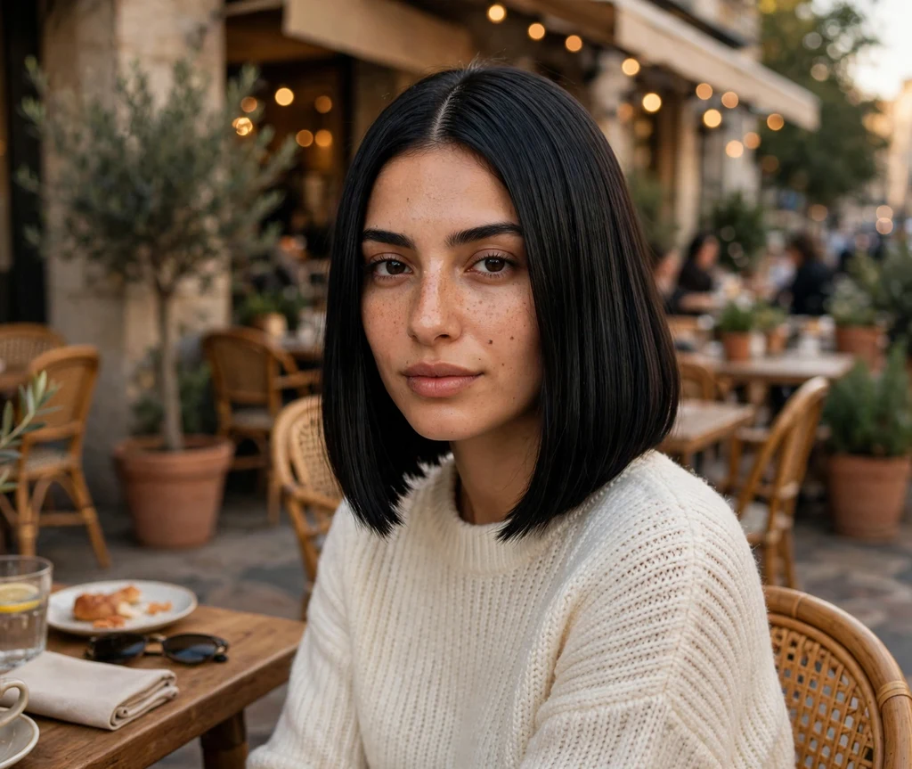 Ultimate glass-hair bob in jet black with a middle part and mirror-like shine