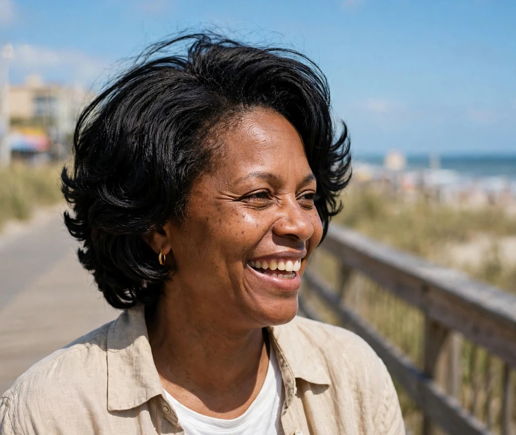 Young woman with a short shag with choppy bangs for thick black hair