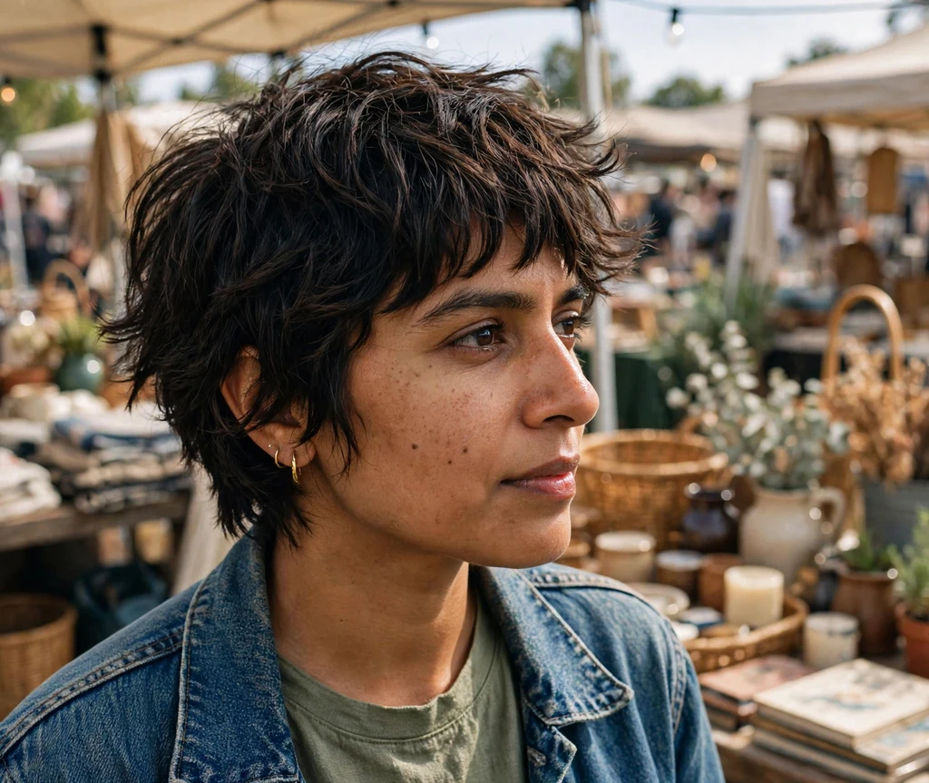 Woman with a curly pixie with defined coils for thick coily hair