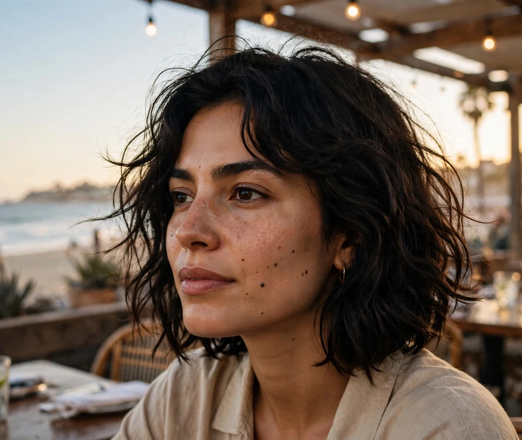 Woman with a sleek graduated pixie for thick brunette hair