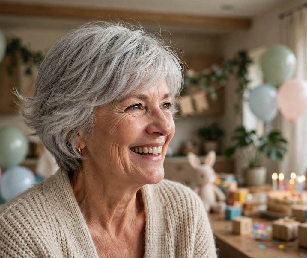 Woman with a modern rounded crop for thick platinum blonde hair
