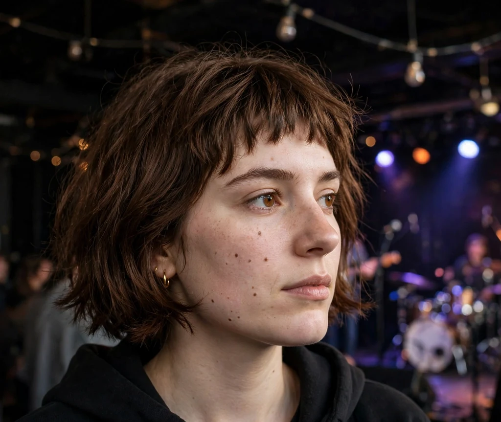 Woman with a deep side-swept short cut for thick dark hair
