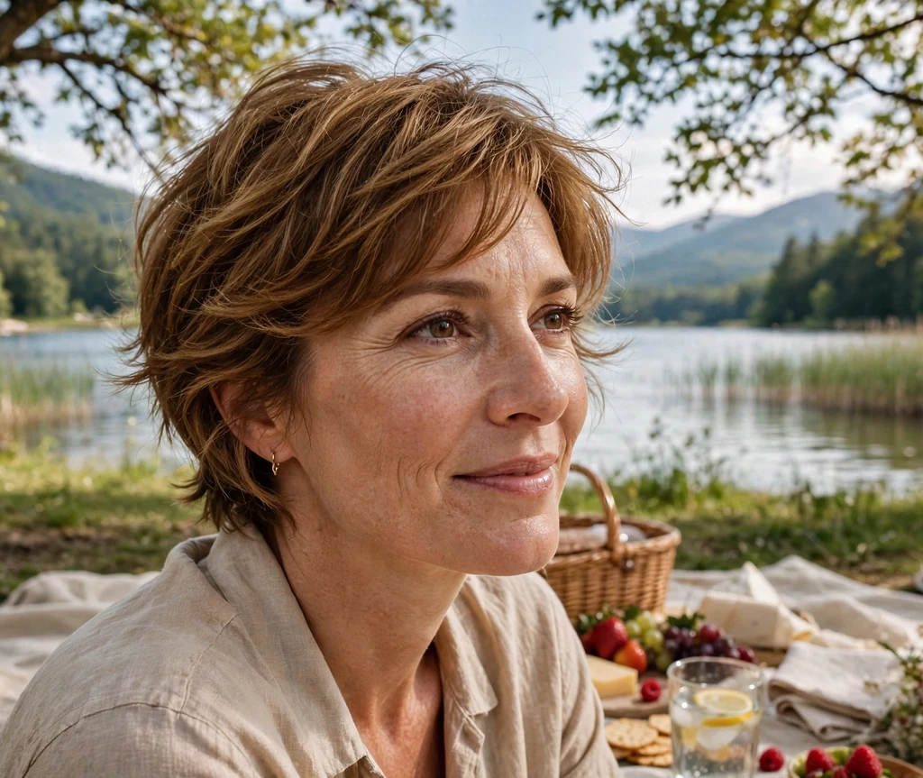 Older woman with an elegant tapered bob for thick gray-streaked hair