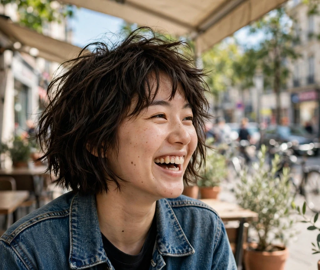 Young East Asian woman with a dark choppy bob with bouncy crown volume