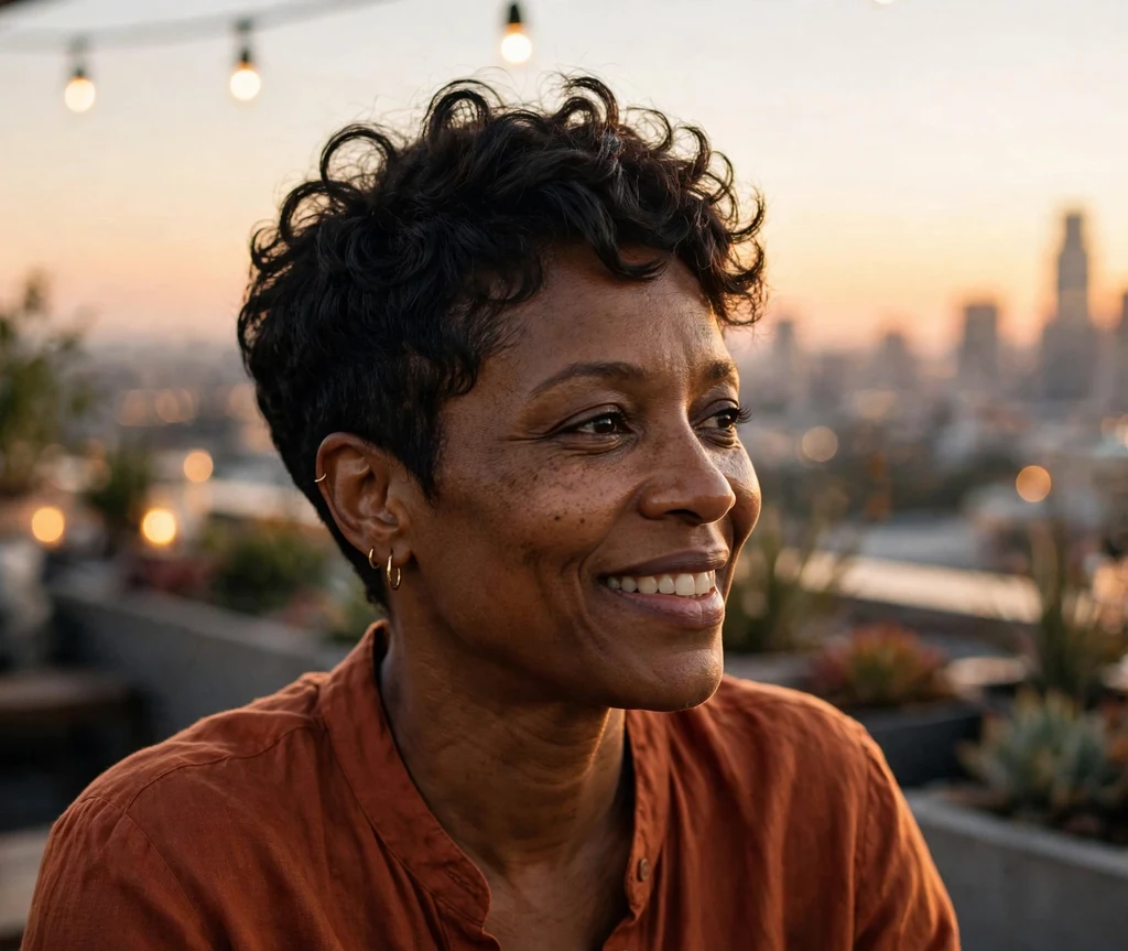 Woman in her 40s with a tapered pixie cut with soft curls and fullness on top