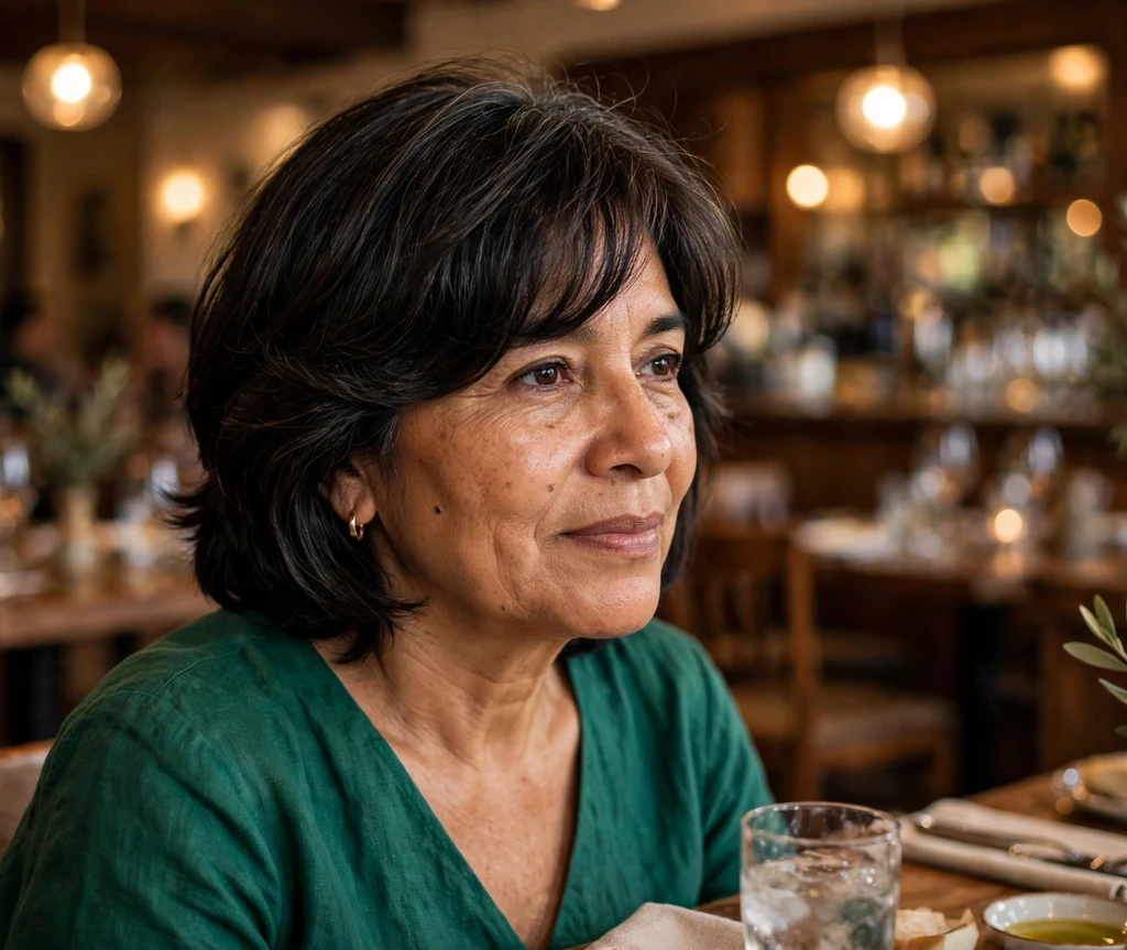 Woman in her 50s with a dark layered bob and side-swept bangs with root volume