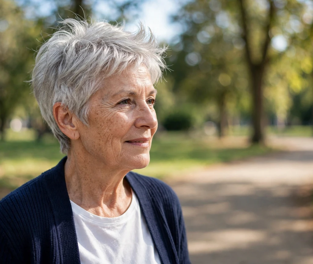 Woman in her 60s with a silver pixie cut with airy volume on top