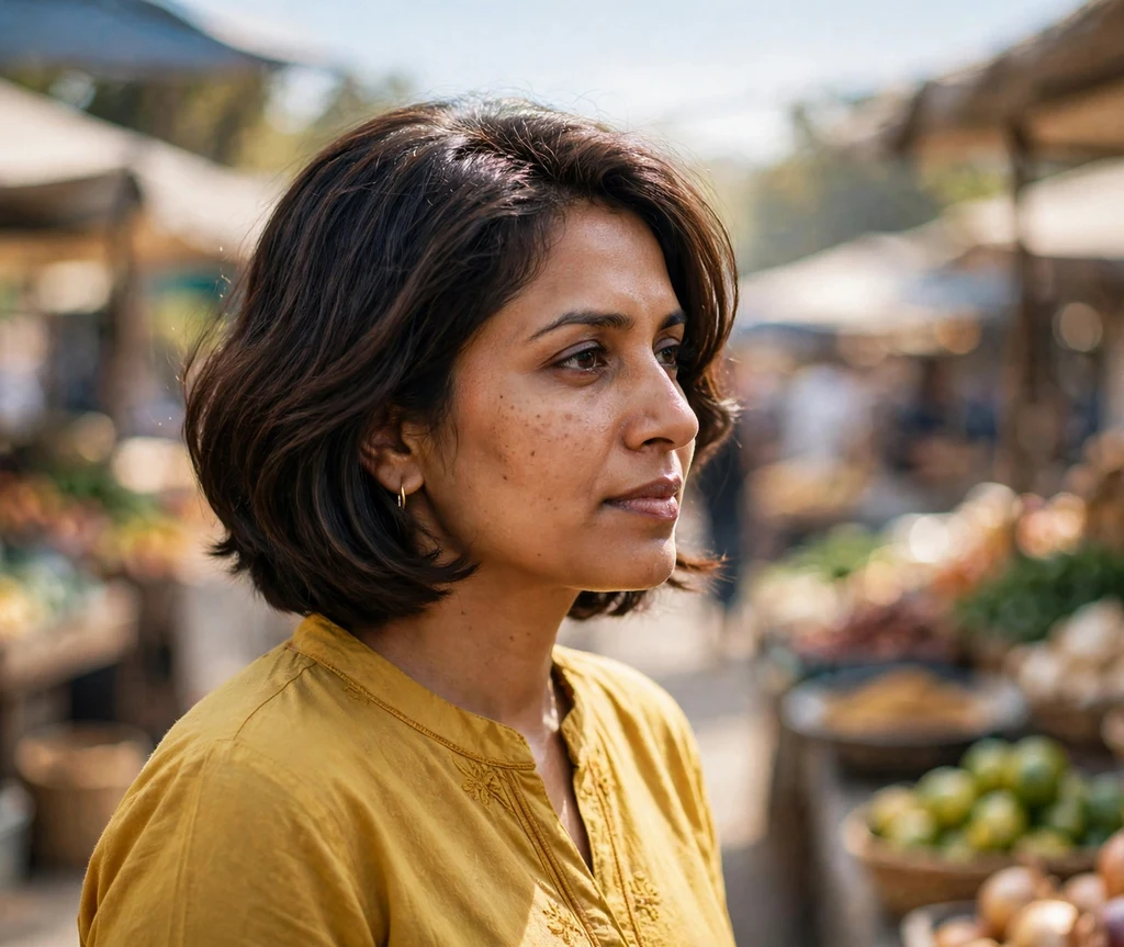 South Asian woman with a dark-brown stacked bob with graduated layers and rounded volume