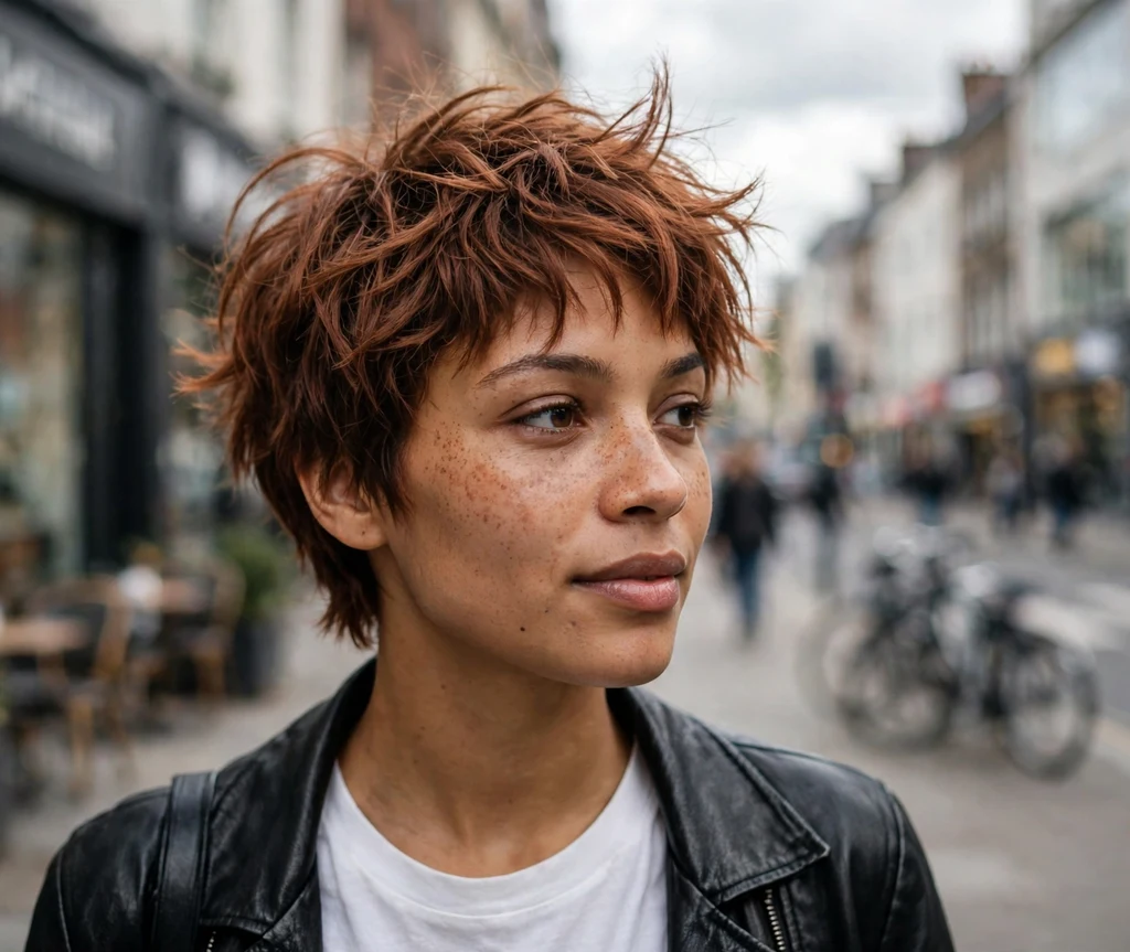 Young woman with an auburn choppy crop with piecey texture and root lift