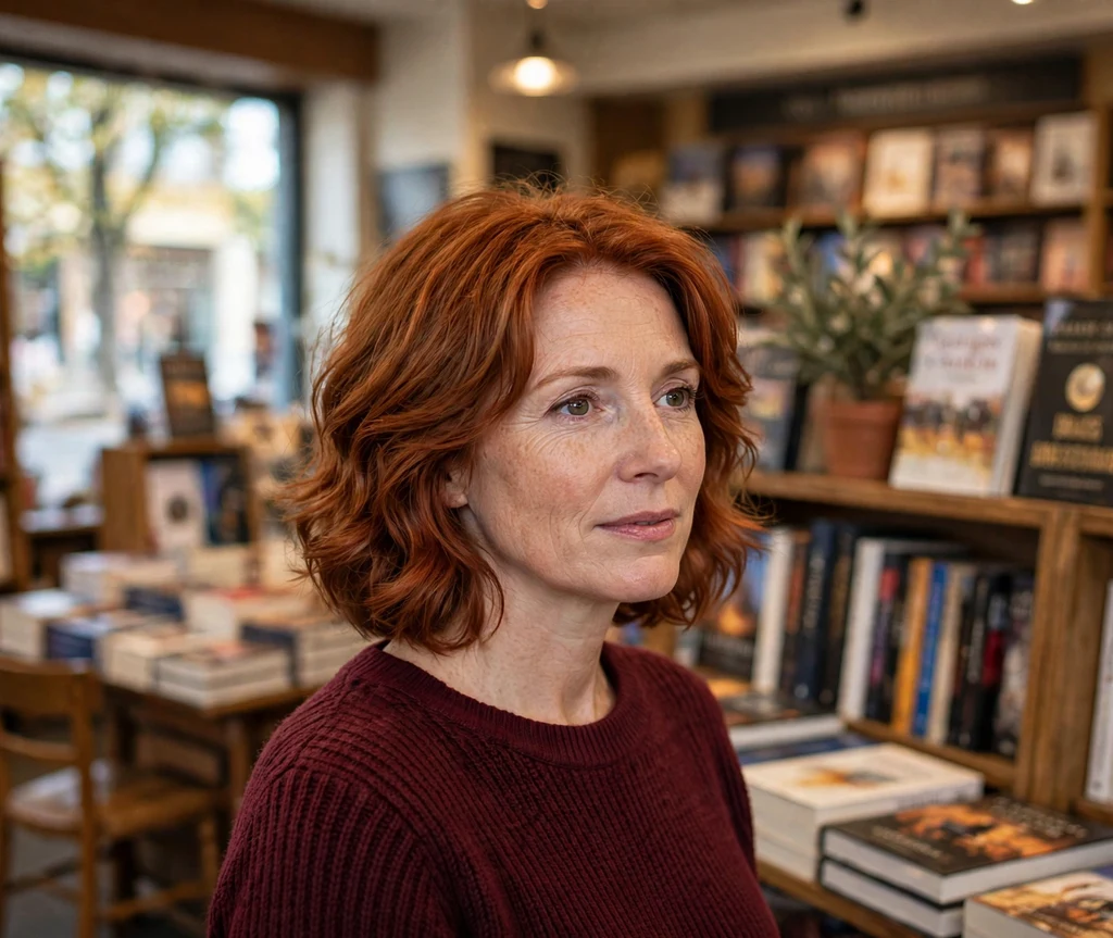 Woman in her 40s with a copper layered bob with soft waves and crown fullness