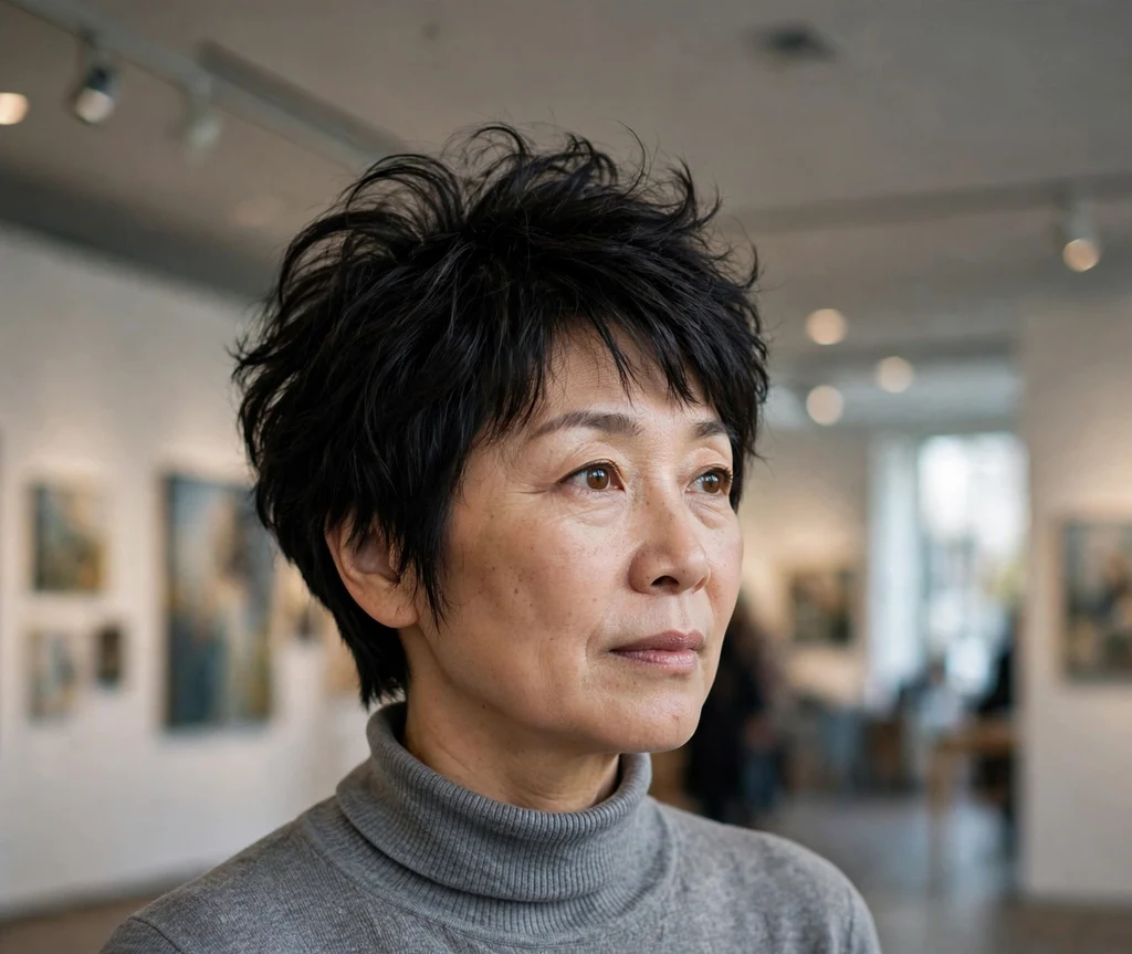 Woman in her 50s with a black feathered pixie cut with height on top