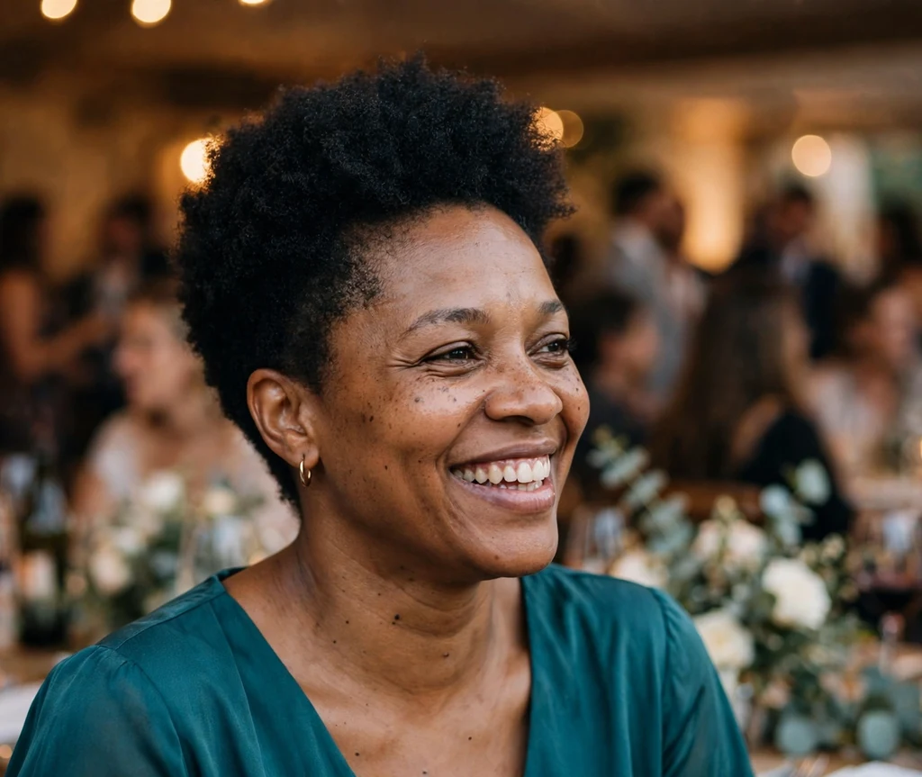 Woman with short natural coily hair in a tapered cut with full rounded volume