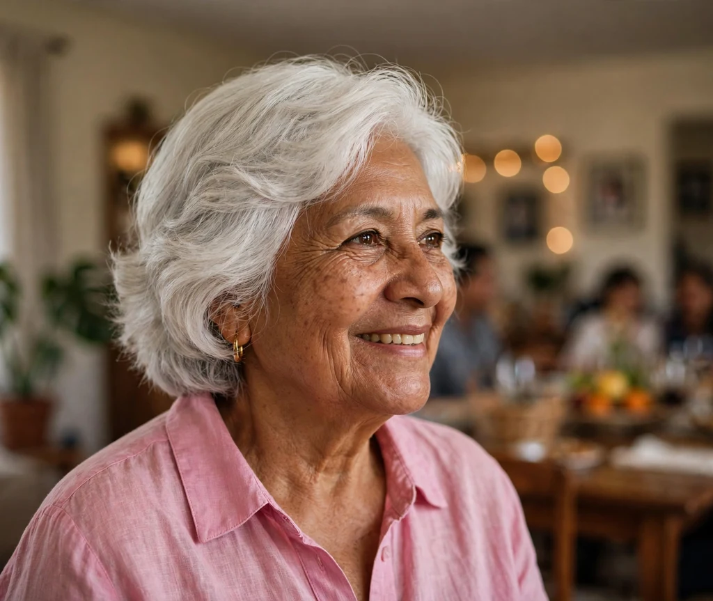 Older woman with a white layered bob with soft volume and gentle waves