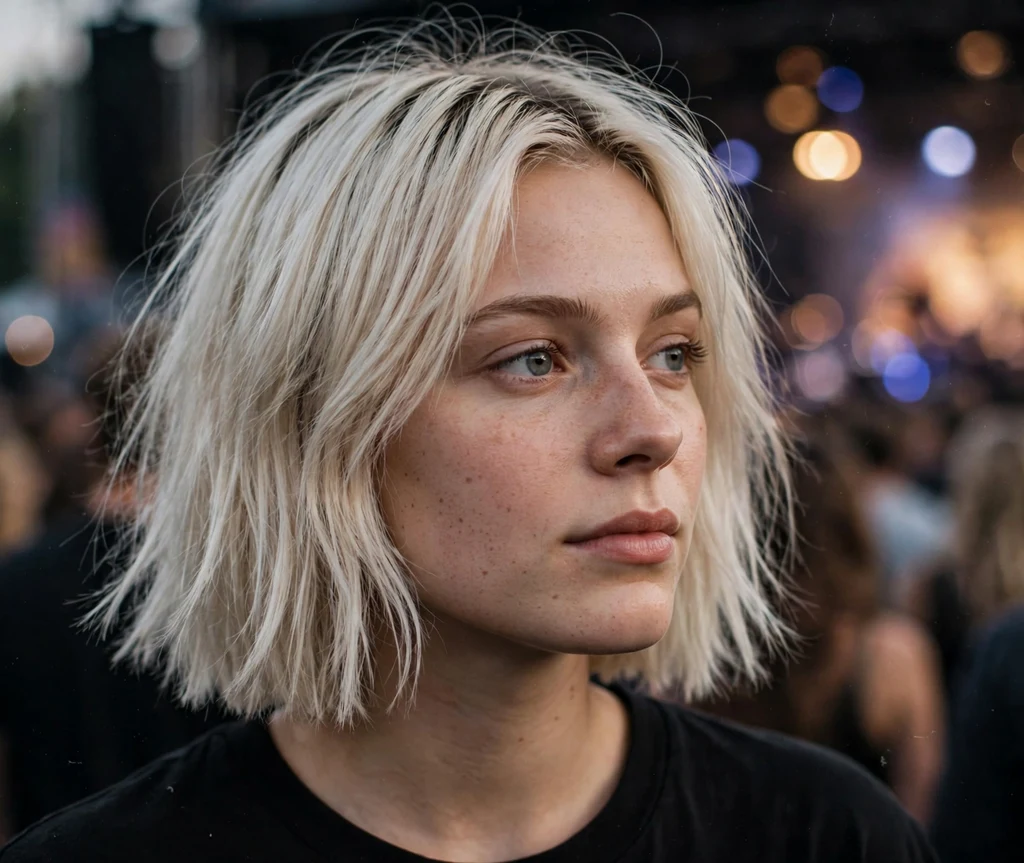 Young woman with a platinum blunt bob with choppy textured ends and root lift