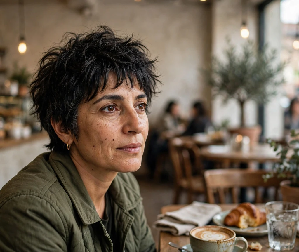 Woman in her 40s with a dark shaggy pixie cut with texture and crown volume