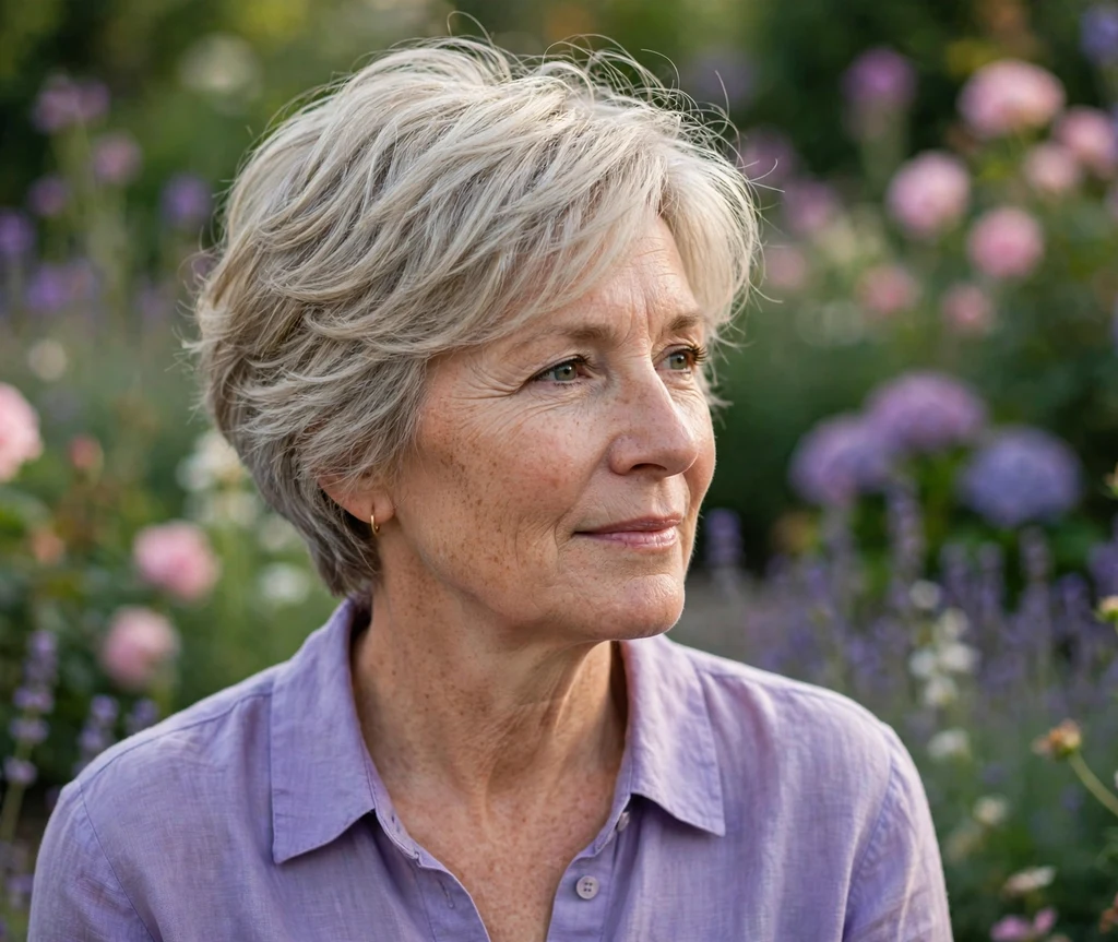 Woman in her 50s with an ash-blonde feathered crop with airy soft layers