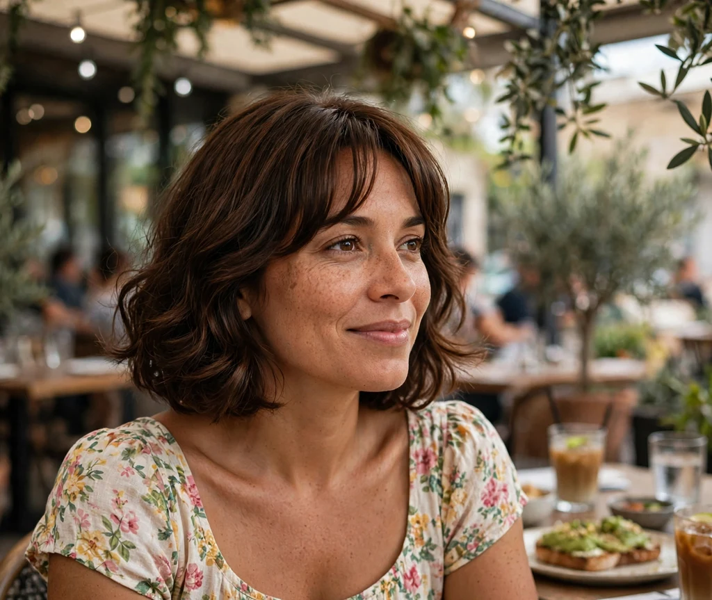 Woman with a chocolate-brown bob with curtain bangs and bouncy side volume