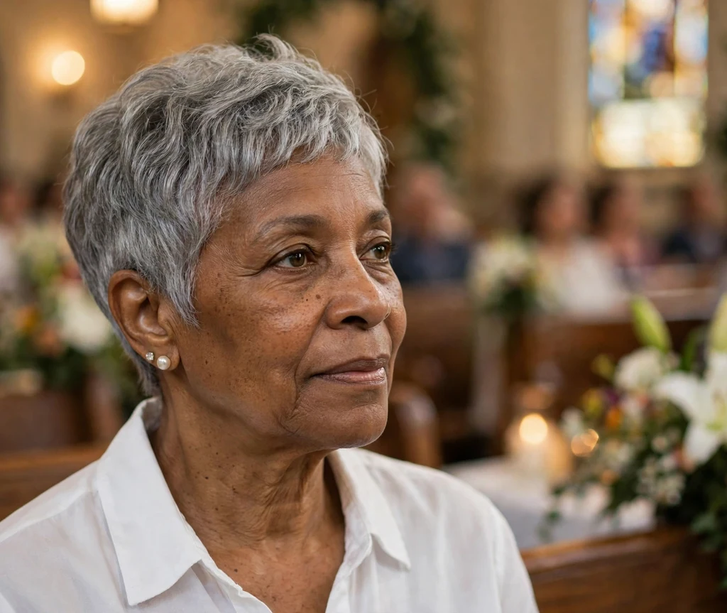 Older woman with a gray tapered pixie cut with soft height on top