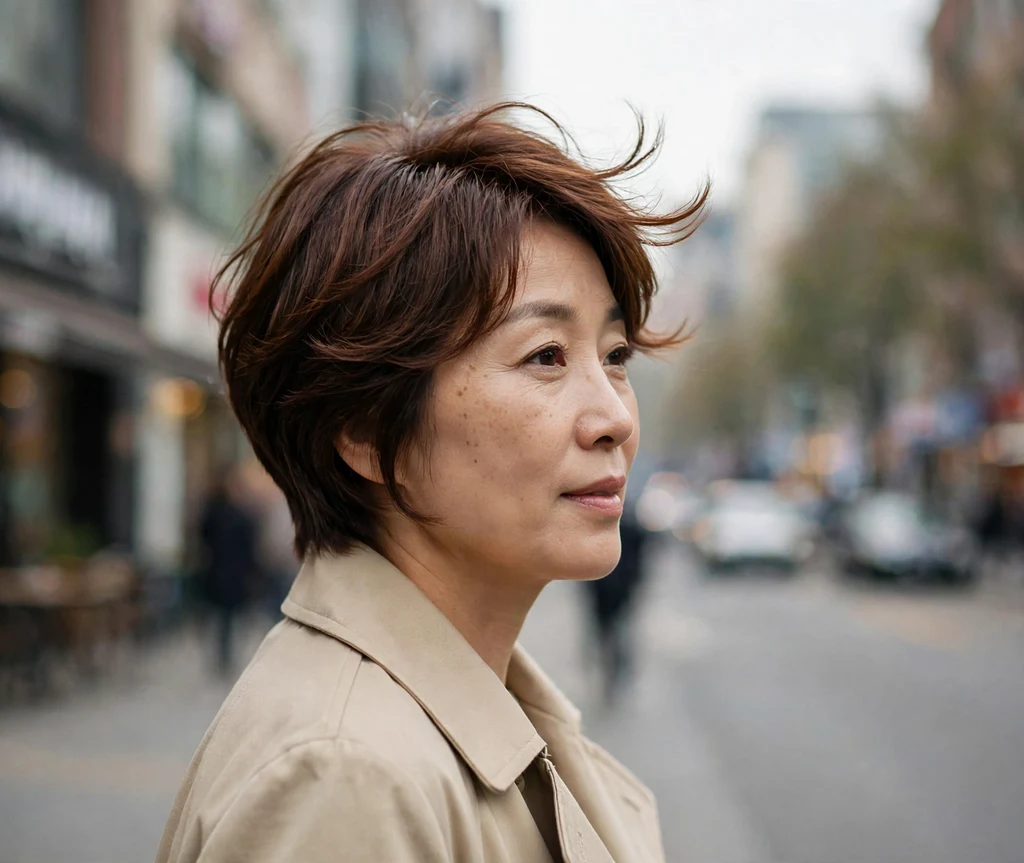 Woman in her 40s with a chestnut layered pixie cut with side-swept fringe