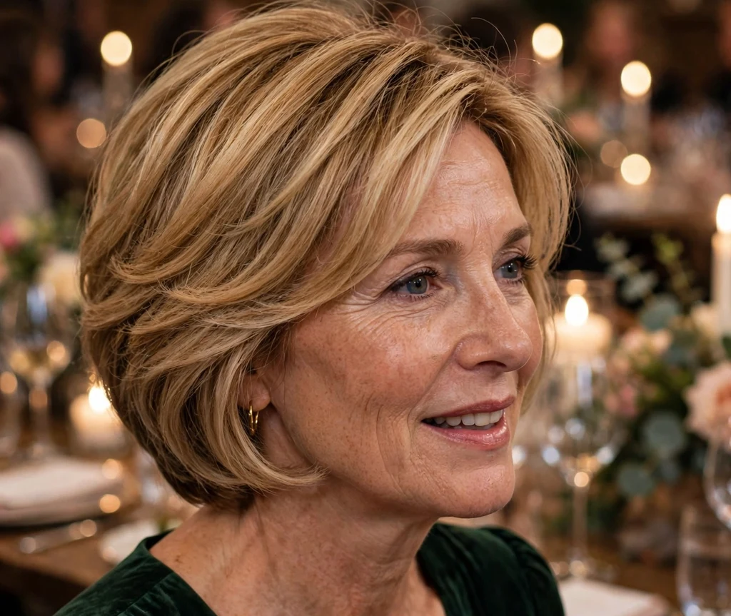Woman in her 50s with a honey-blonde graduated stacked bob with rounded fullness