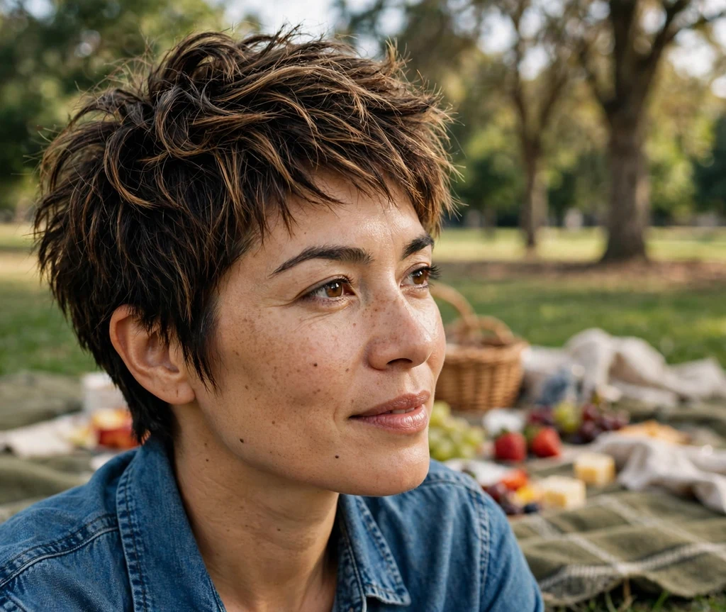 Woman with a caramel-highlighted choppy pixie cut with tousled texture and lift