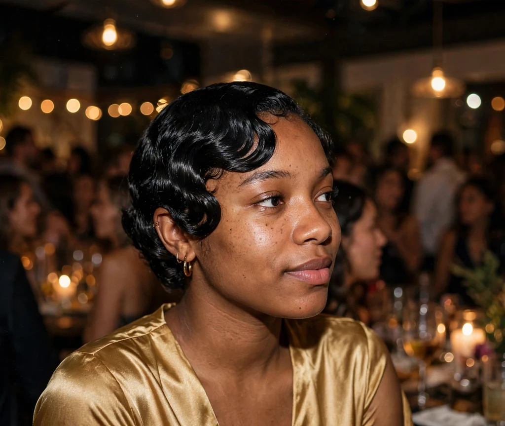 Young woman with a sleek finger-wave pixie cut with glossy volume on top