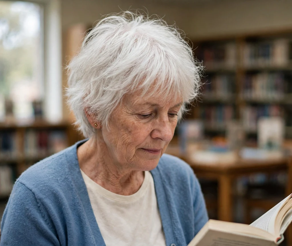 Older woman with a white short shag cut with wispy layers and airy volume