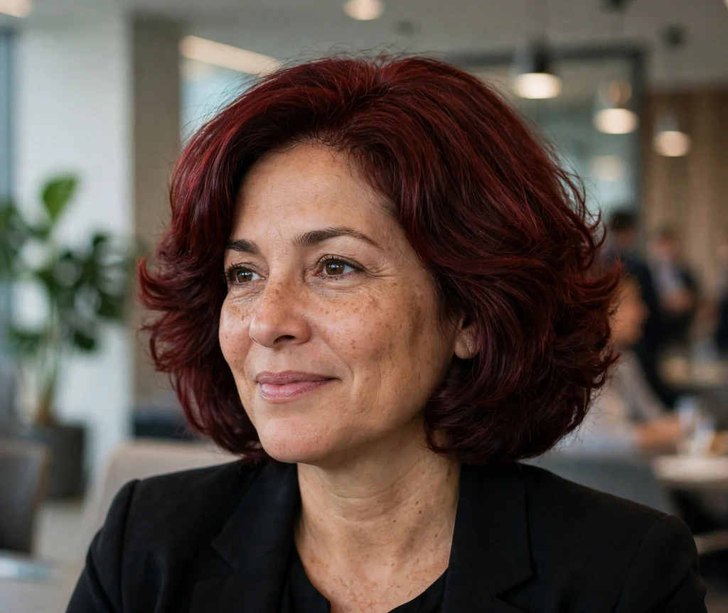 Woman in her 40s with a dark-red rounded bob with bouncy layers and fullness