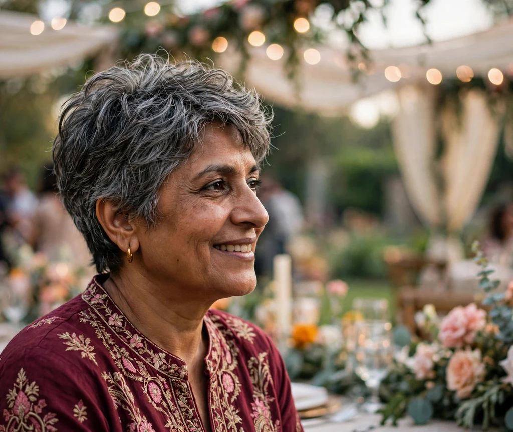Woman in her 50s with a salt-and-pepper textured pixie cut with soft volume