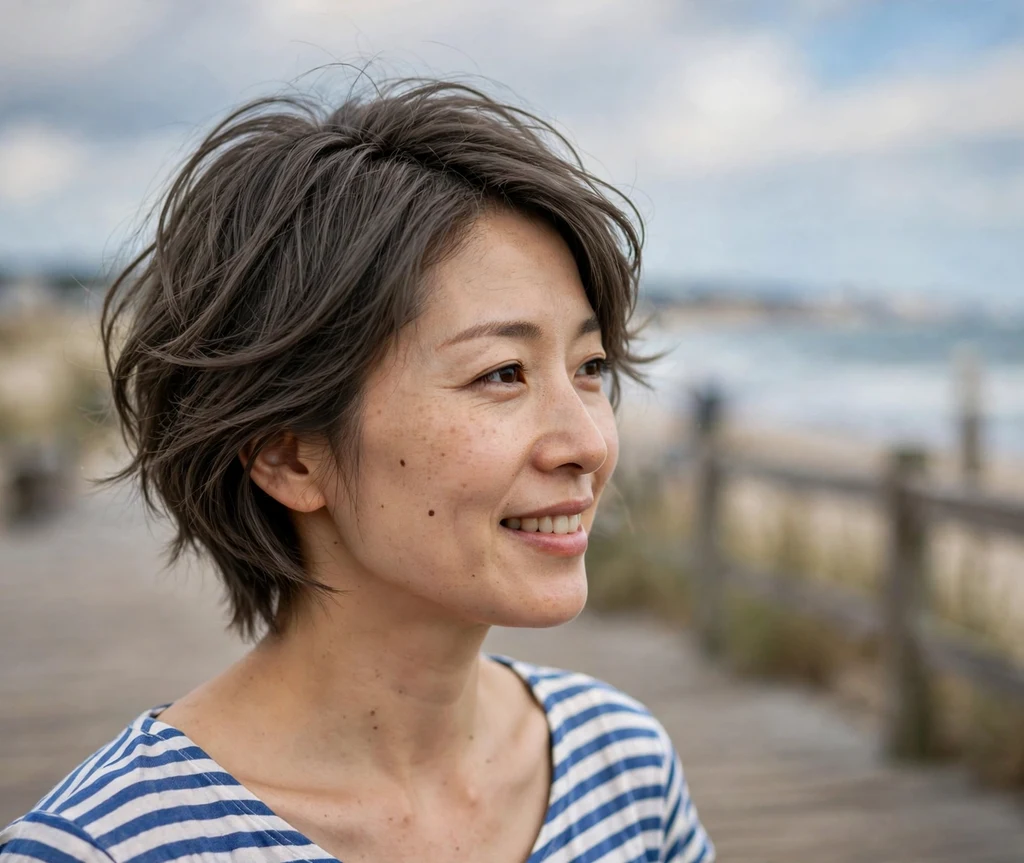 Woman with an ash-brown layered crop with piecey volume and a soft side part