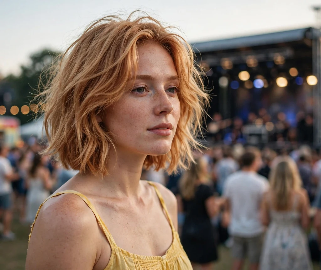 Young woman with a strawberry-blonde tousled bob with face-framing layers and volume