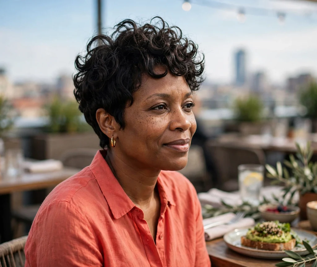 Woman in her 40s with a curly pixie cut with bouncy defined curls and full crown