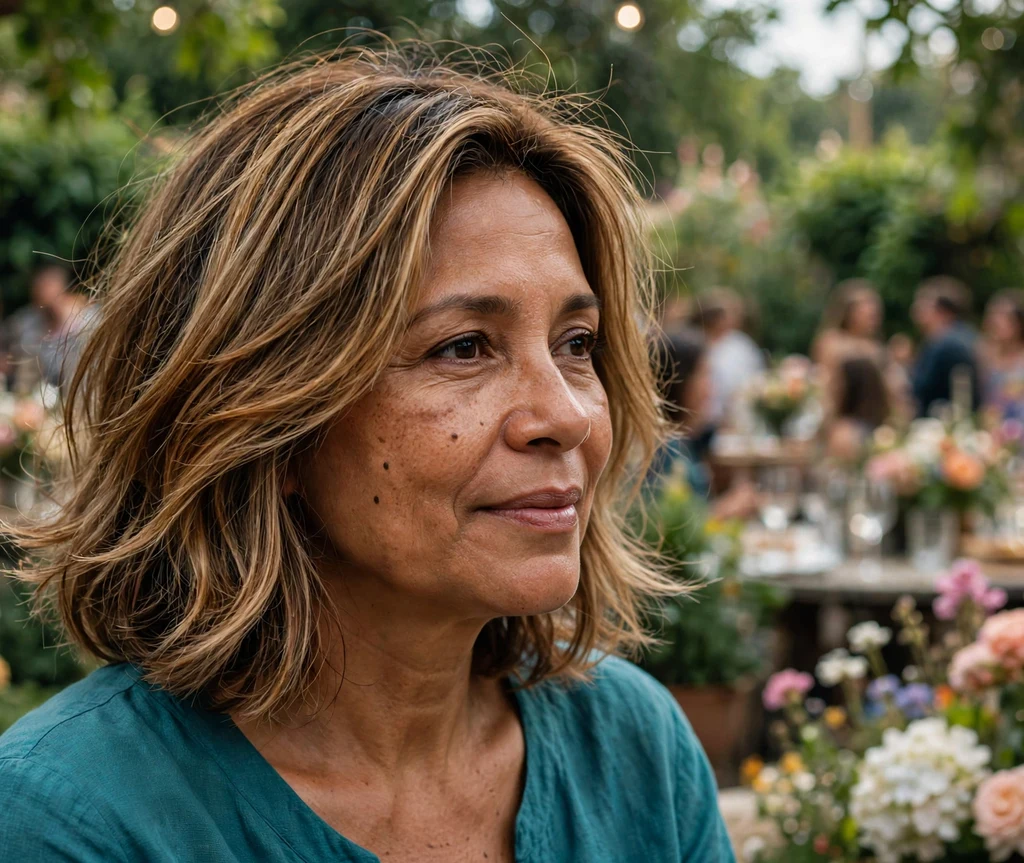 Woman in her 50s with a caramel-balayage layered bob with movement and fullness