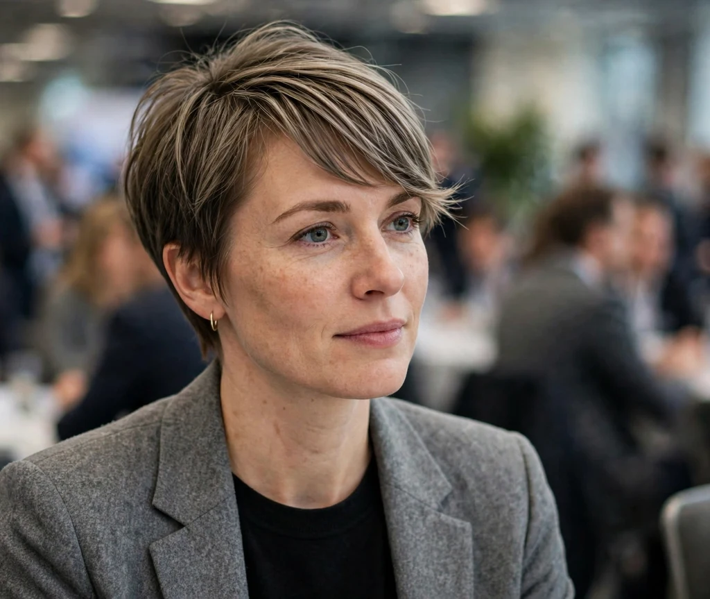Woman with a dark-blonde side-swept pixie cut with long fringe and crown lift
