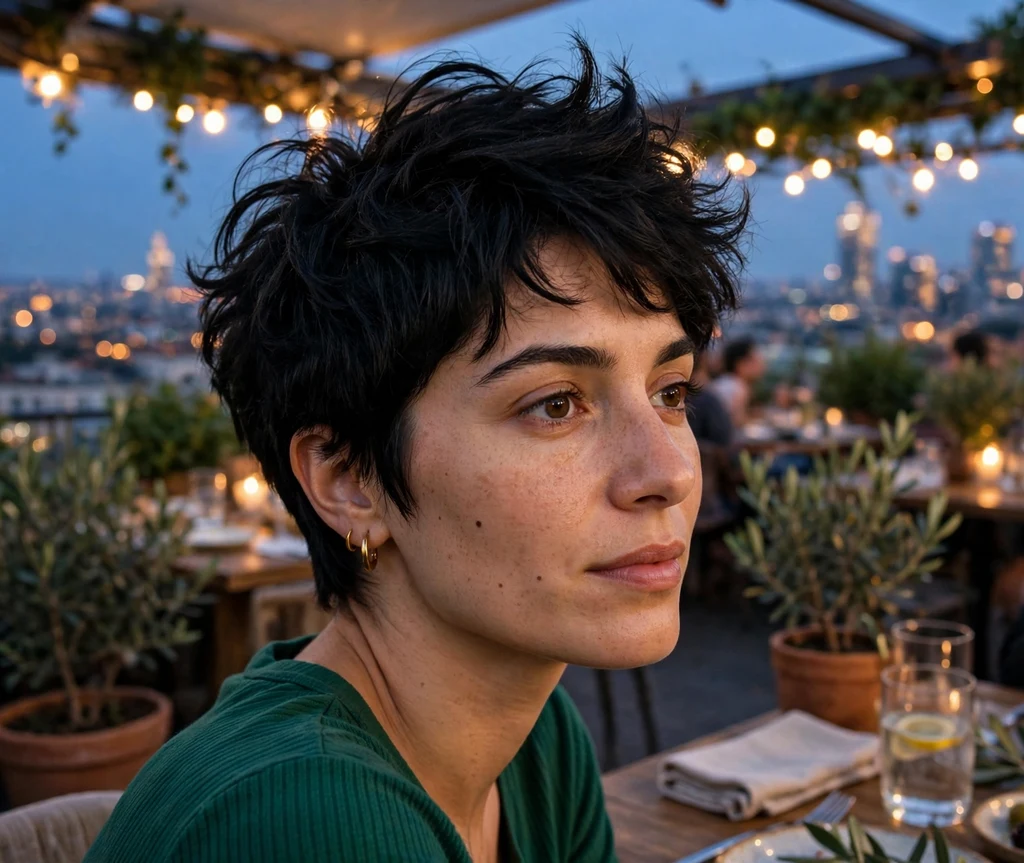 Young woman with a jet-black voluminous pixie cut with textured layers and height