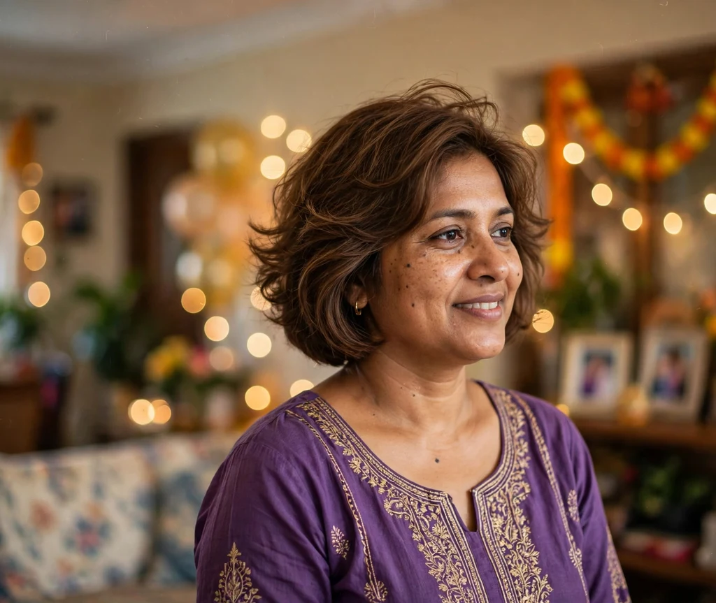 Woman in her 40s with a brown feathered bob with soft layers and airy volume