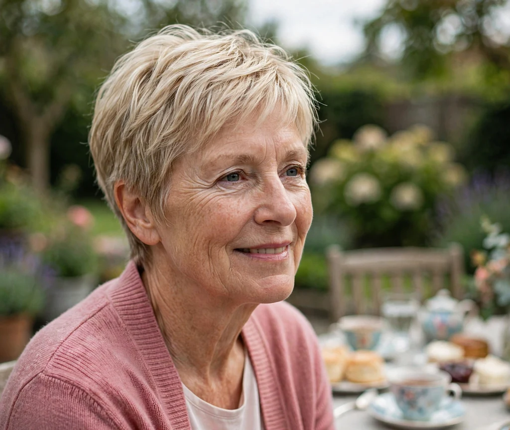 Older woman with a champagne-blonde pixie cut with gentle lift and soft texture