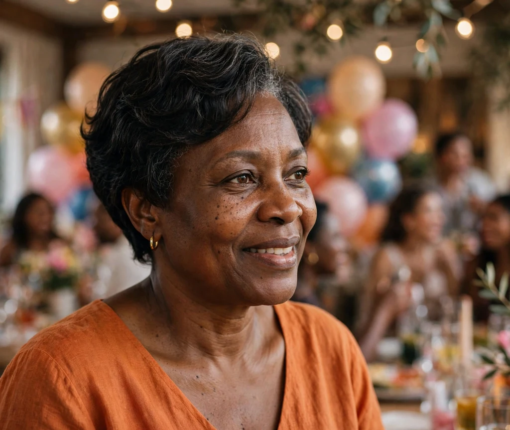 Woman in her 50s with a short tapered cut with soft waves and volume on top