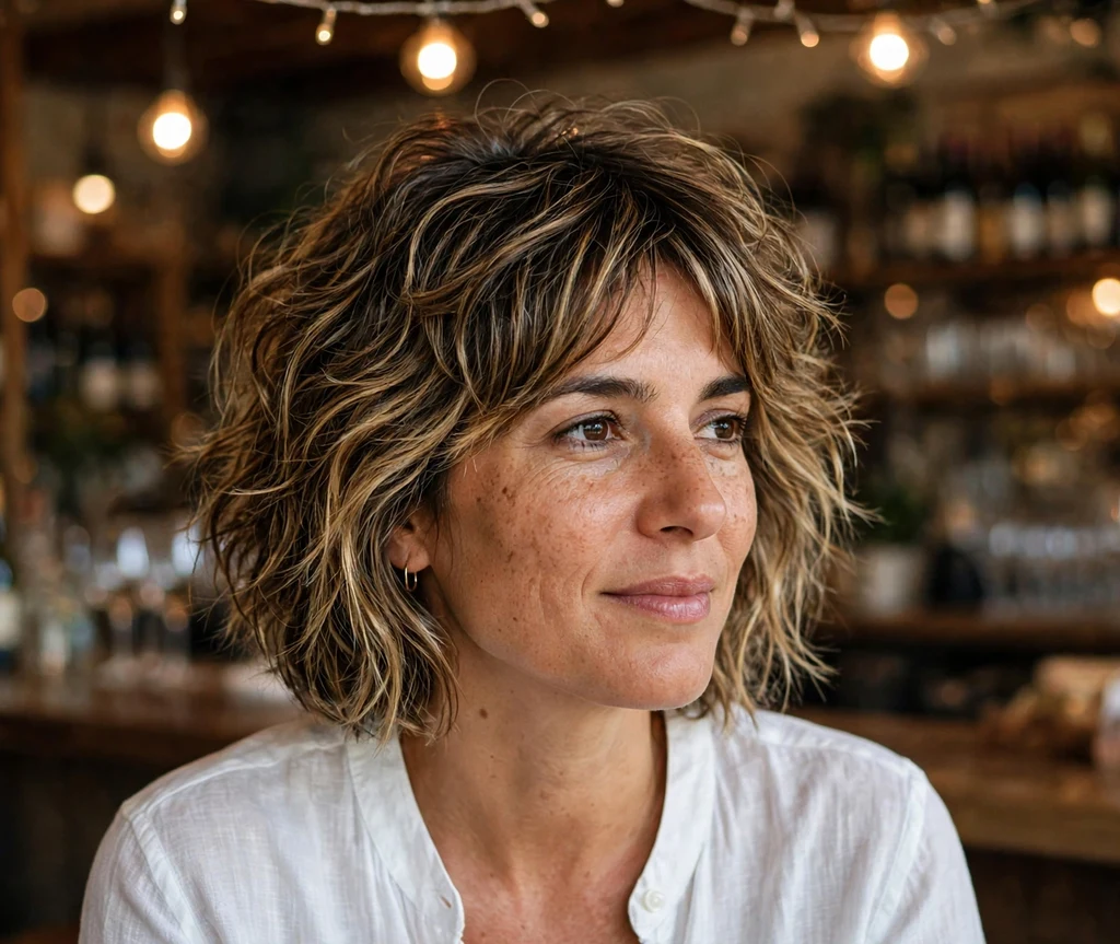 Woman with a highlighted choppy bob with piecey layers and bouncy volume