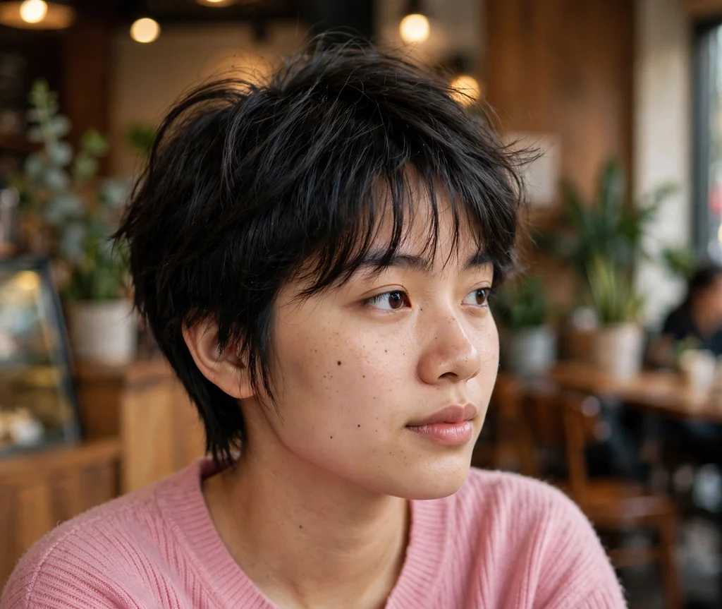 Young woman with a dark wispy pixie cut with airy bangs and soft volume