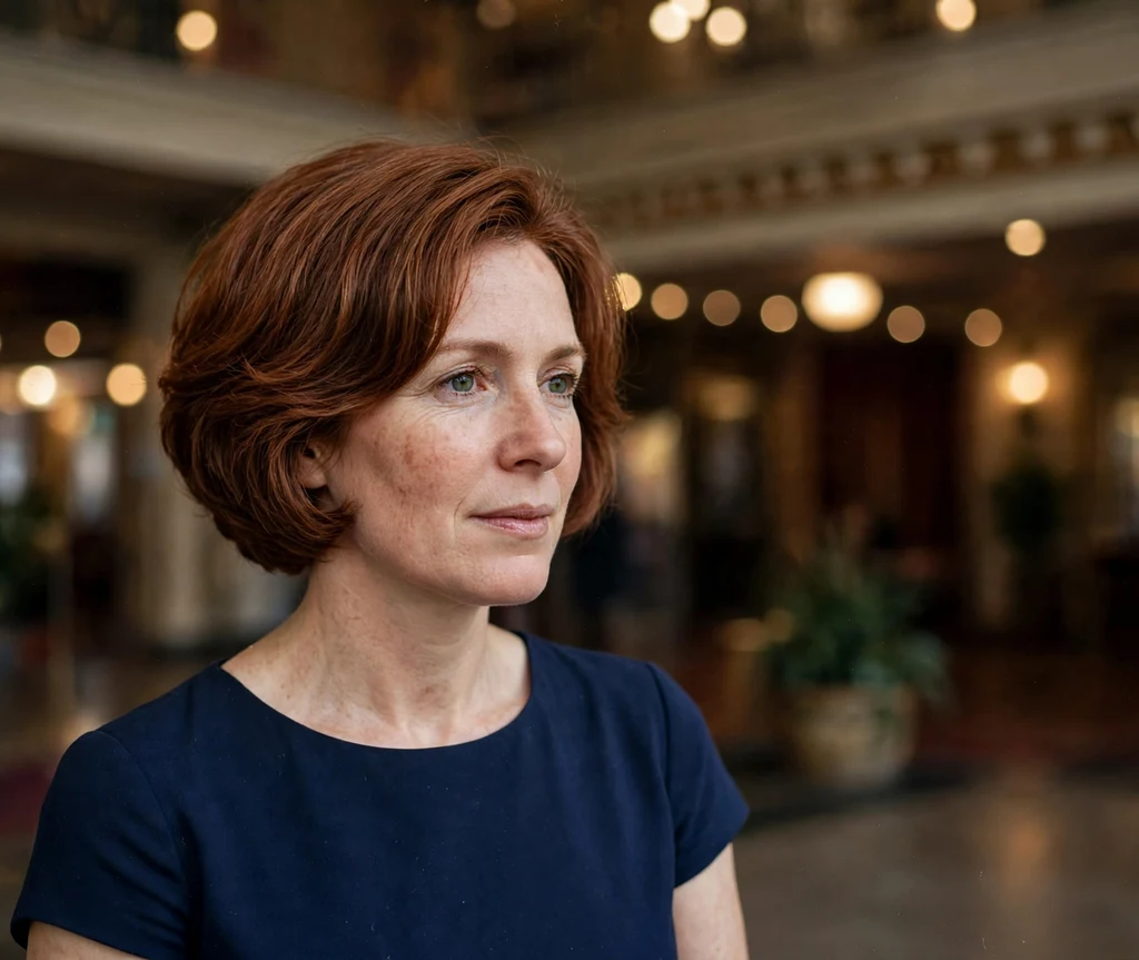 Woman in her 40s with an auburn stacked bob with rounded layers and nape fullness