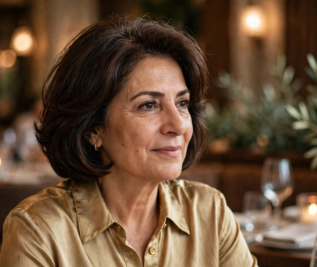 Woman in her 50s with a dark-brown voluminous rounded bob with root lift