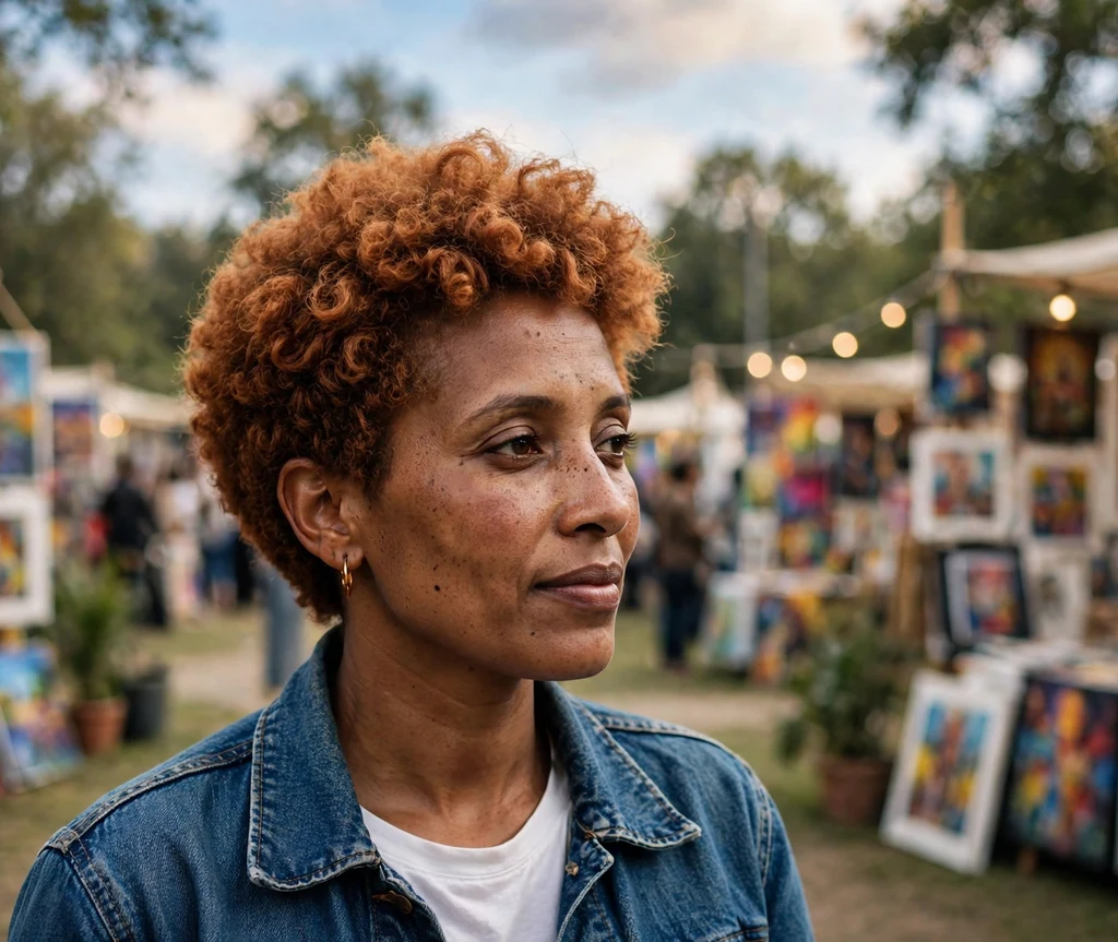 Woman with copper-tinted short coily hair in a pixie cut with full rounded volume