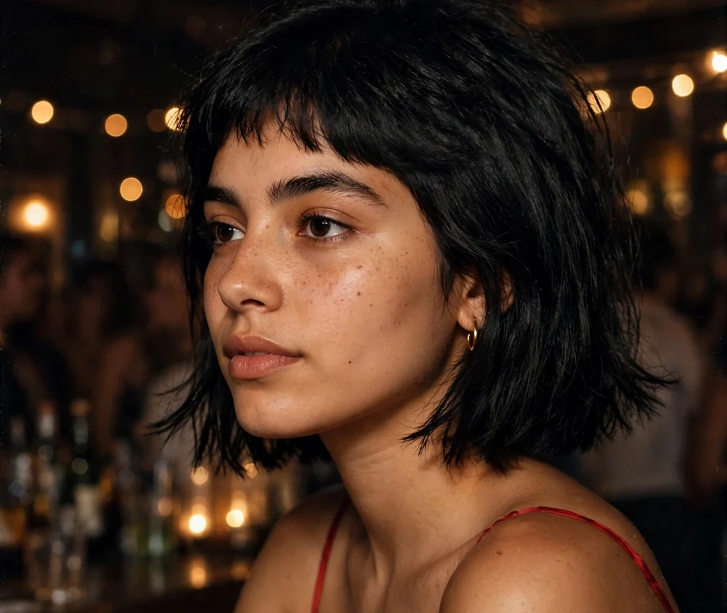 Young woman with a black blunt bob with choppy textured ends and root volume